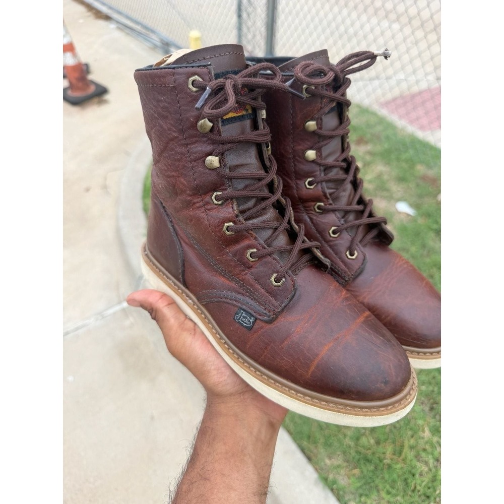 Justin Work Boots Mens 4.5 Brown Leather Lace Up Wedge Sole Heritage Style
